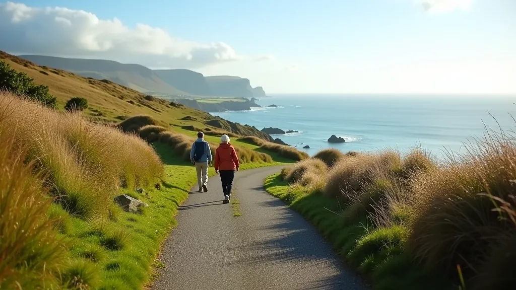 Scenic coastal pathway in Ireland with gentle terrain and ocean views in background