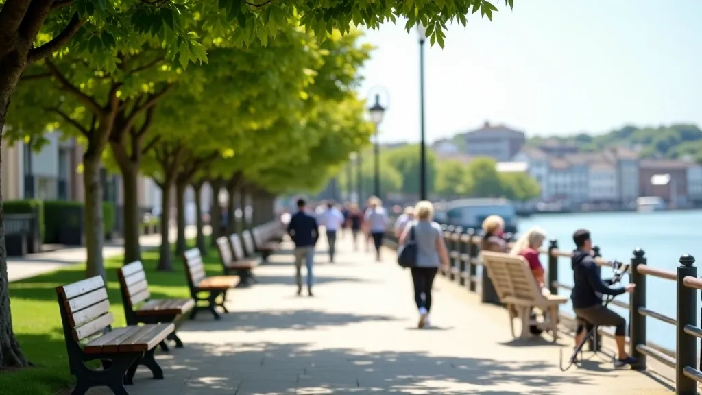 Peaceful Cork waterfront promenade with benches and tree-lined pathways during daytime