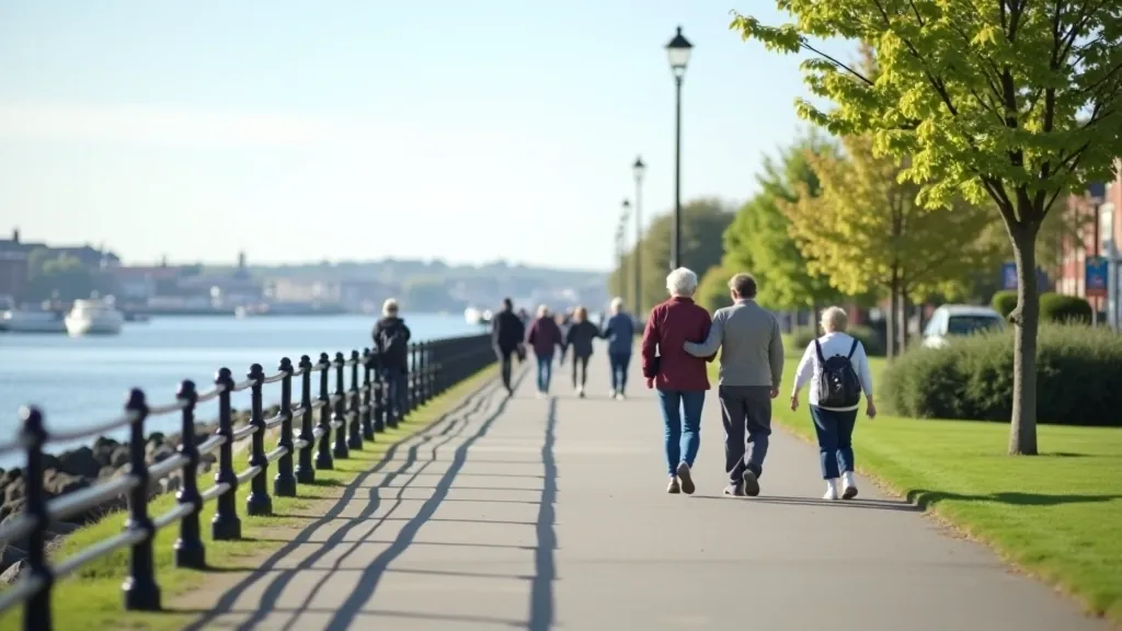Cork waterfront promenade with harbor views and park areas