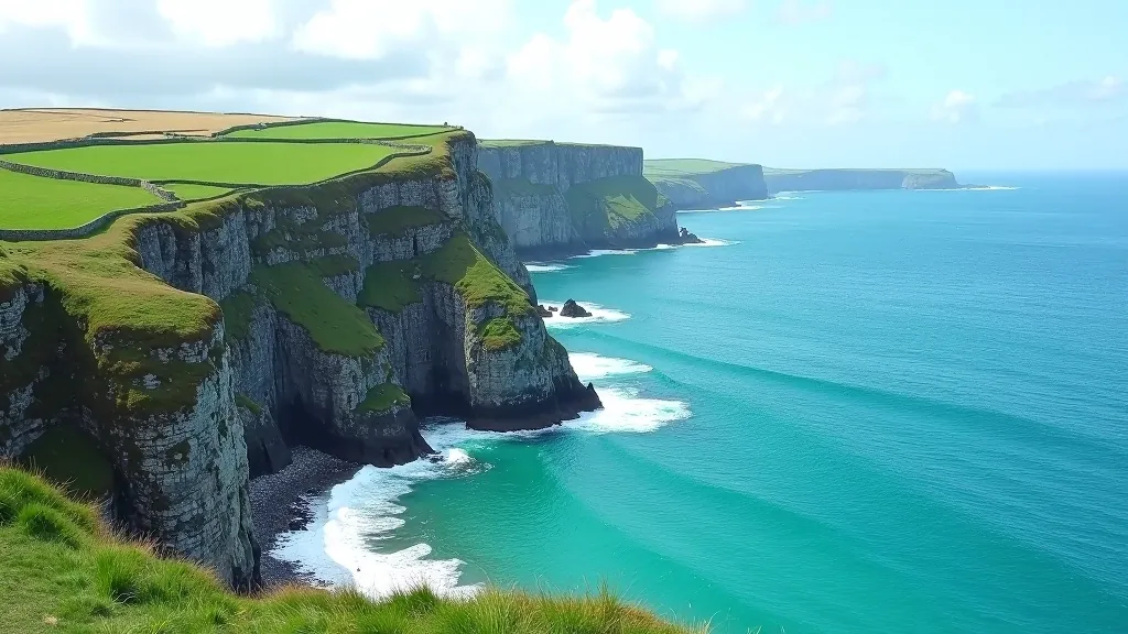Dramatic coastal cliffs and turquoise waters of Clare Coast, Ireland with walking paths visible along the shoreline