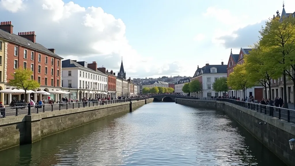 Dublin riverside with historic Georgian buildings and Liffey River promenade