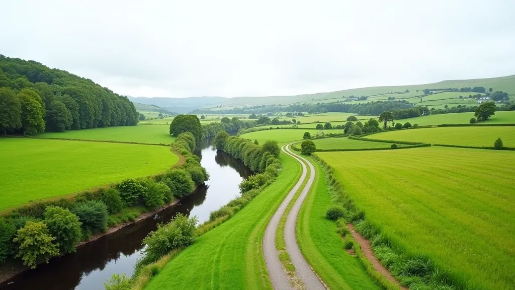 Liffey River countryside landscape with green fields and river path