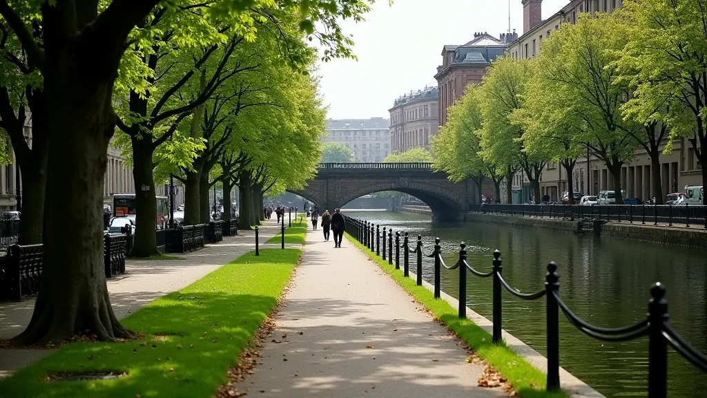Liffey River pathway stretching through Dublin with tree-lined banks and urban bridges in background