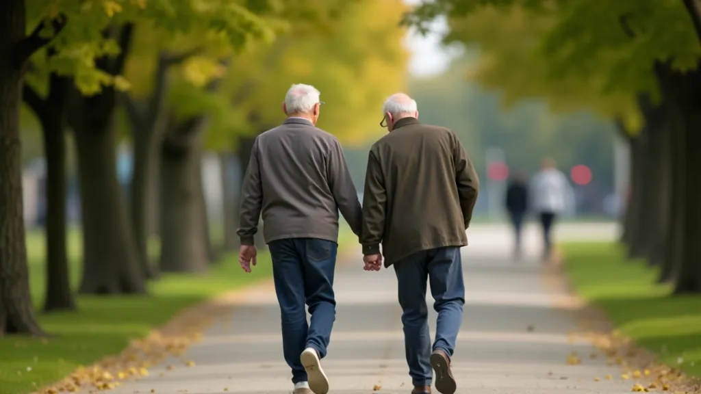 Group of older adults walking together on a tree-lined Dublin city path with buildings visible