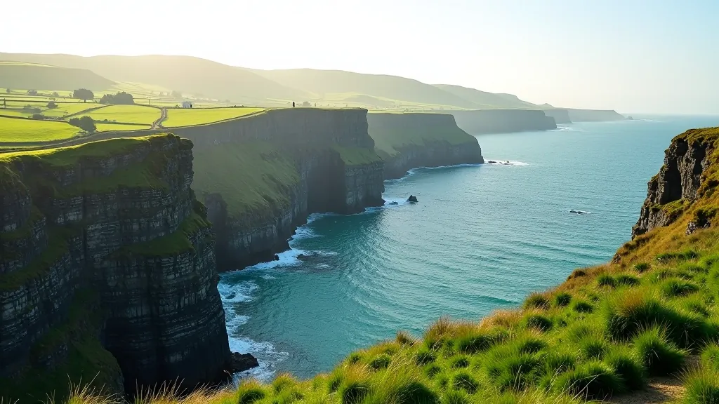 Scenic Irish coastal landscape with green hills overlooking calm waters