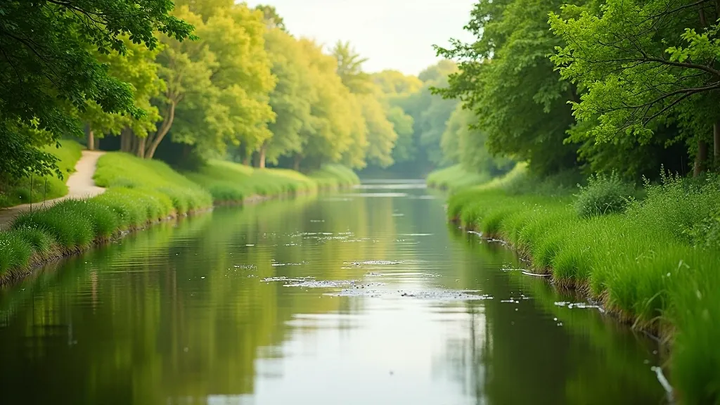 Peaceful river bend surrounded by green vegetation and walking trail in afternoon light