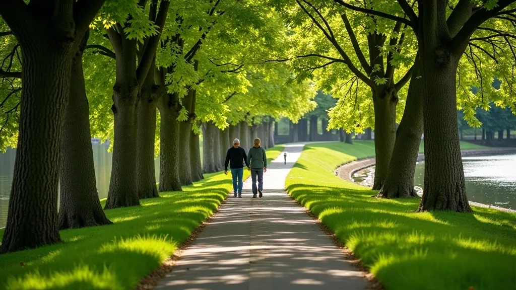 Peaceful riverside path along Liffey in Dublin with mature trees and water reflections