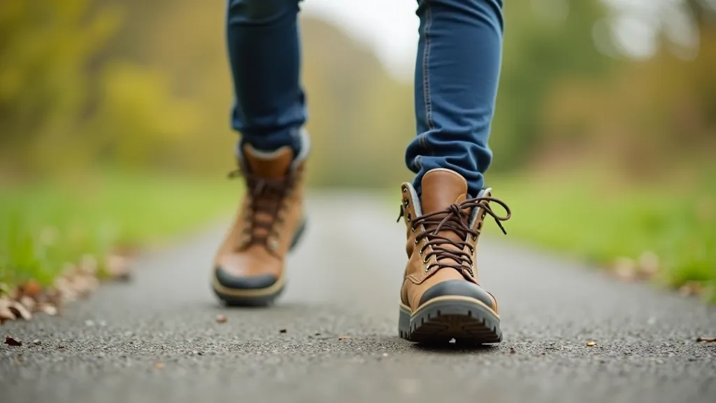 Close-up of walking boots on well-maintained riverside path with clear surface